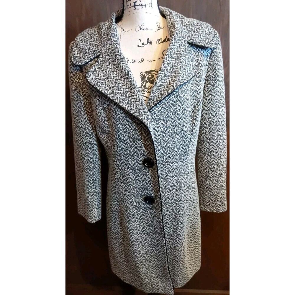 CAROLE LITTLE Long Tweed Jacket Coat Button Lined Womens Large faux leather trim